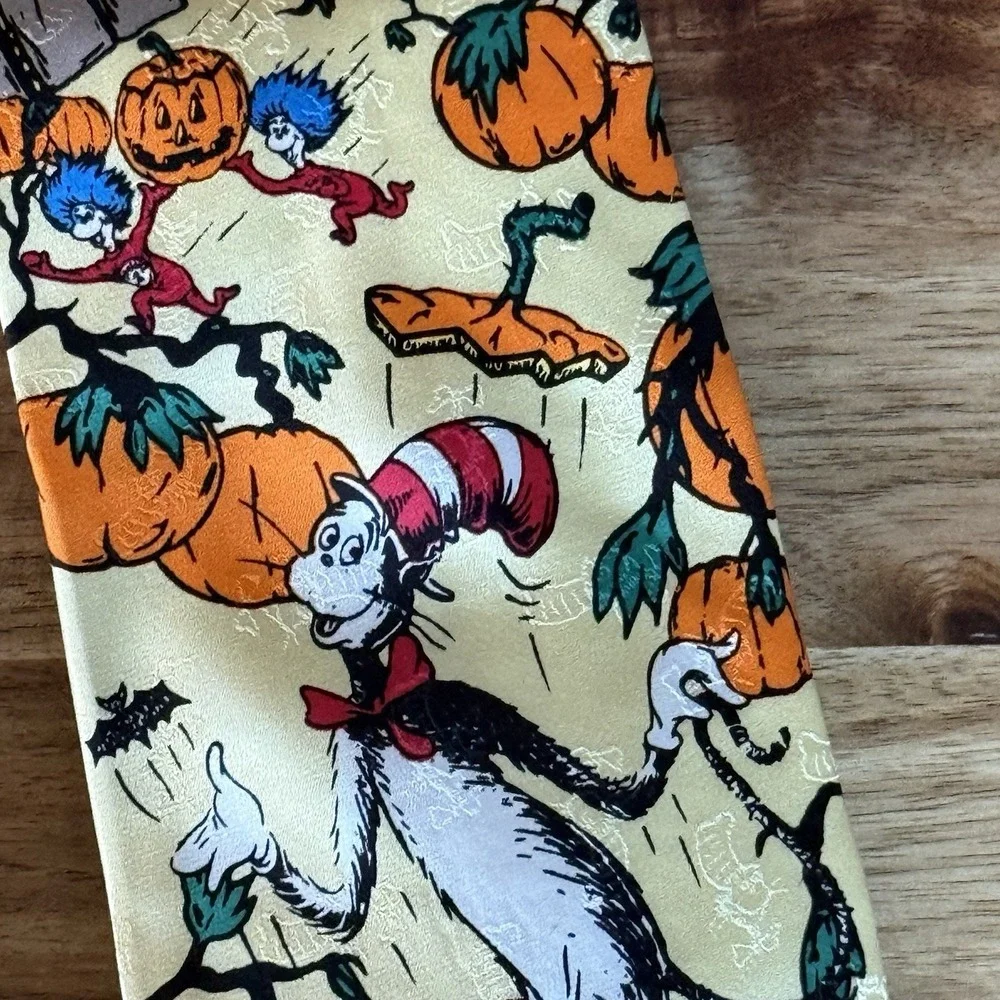 VTG 2 Dr Seuss Ties 100% Silk Green Eggs & Ham Halloween Pumpkin Holiday Costume